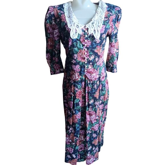 10P Vintage 80's Floral Midi Granny Cottage Dress With Lace Collar & Tied Waist - Picture 1 of 8